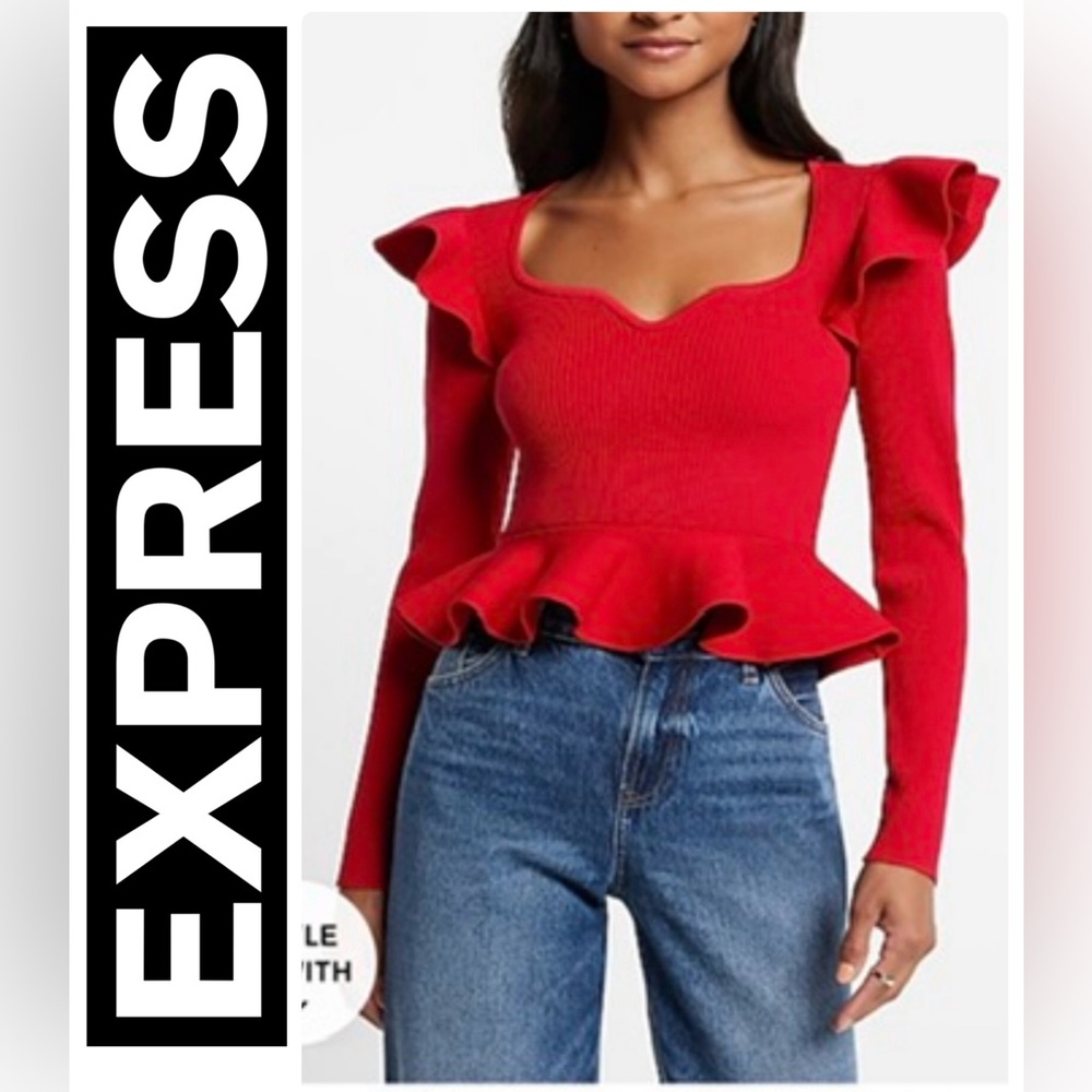 NEW Express Ribbed Sweetheart Neckline Ruffle
Peplum Sweater Size Small